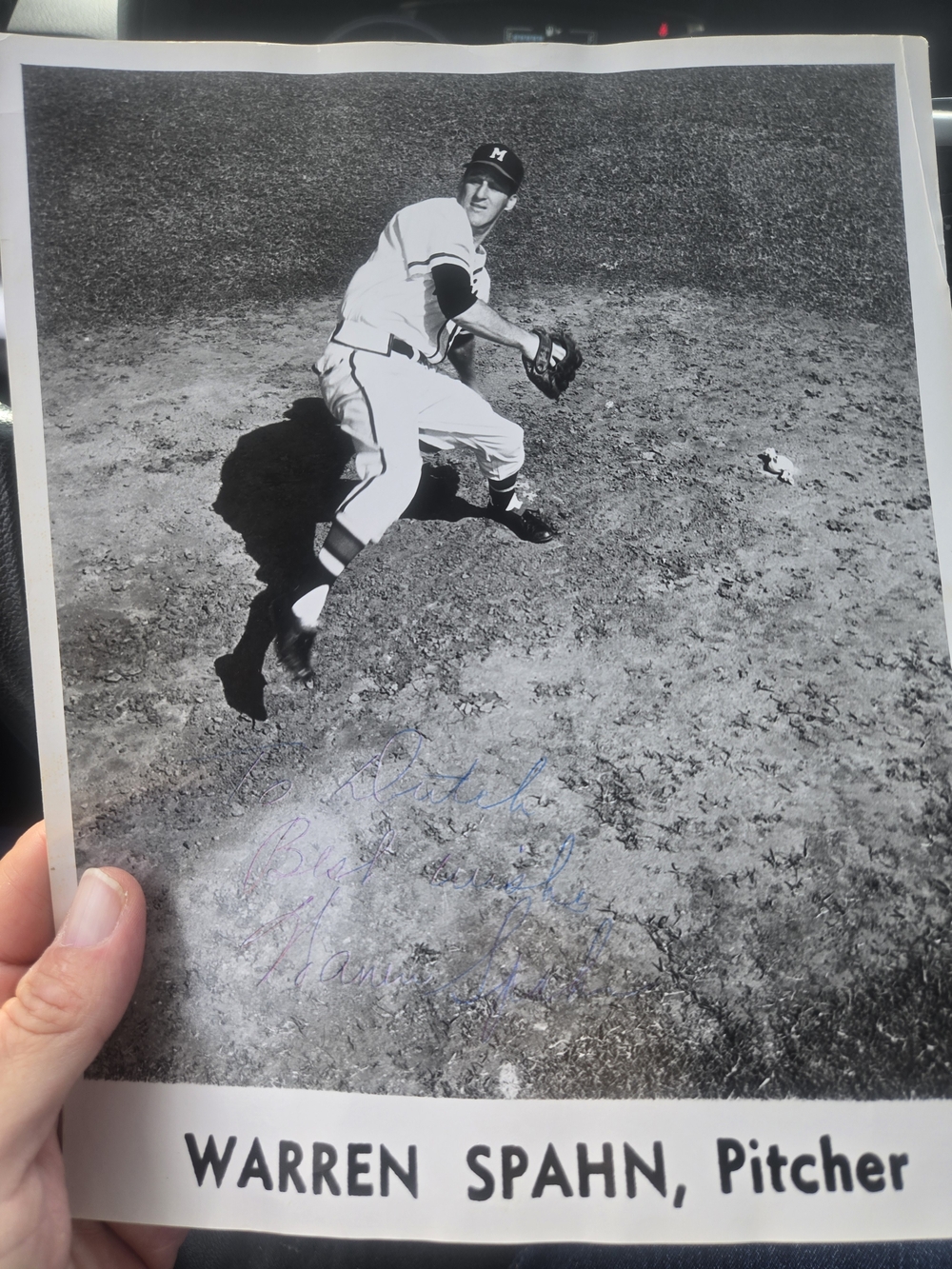Autograph Black & White Baseball Pitcher Photo Warren Spahn C 1950s